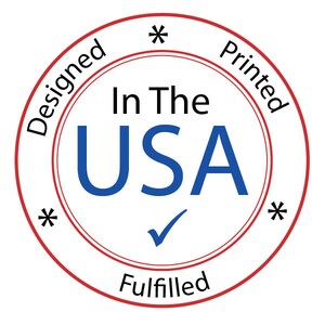 May include: Red circle stamp with white text that reads "Designed, Printed, Fulfilled" in a clockwise direction. The center of the stamp has a blue checkmark and the text "In The USA" in black.