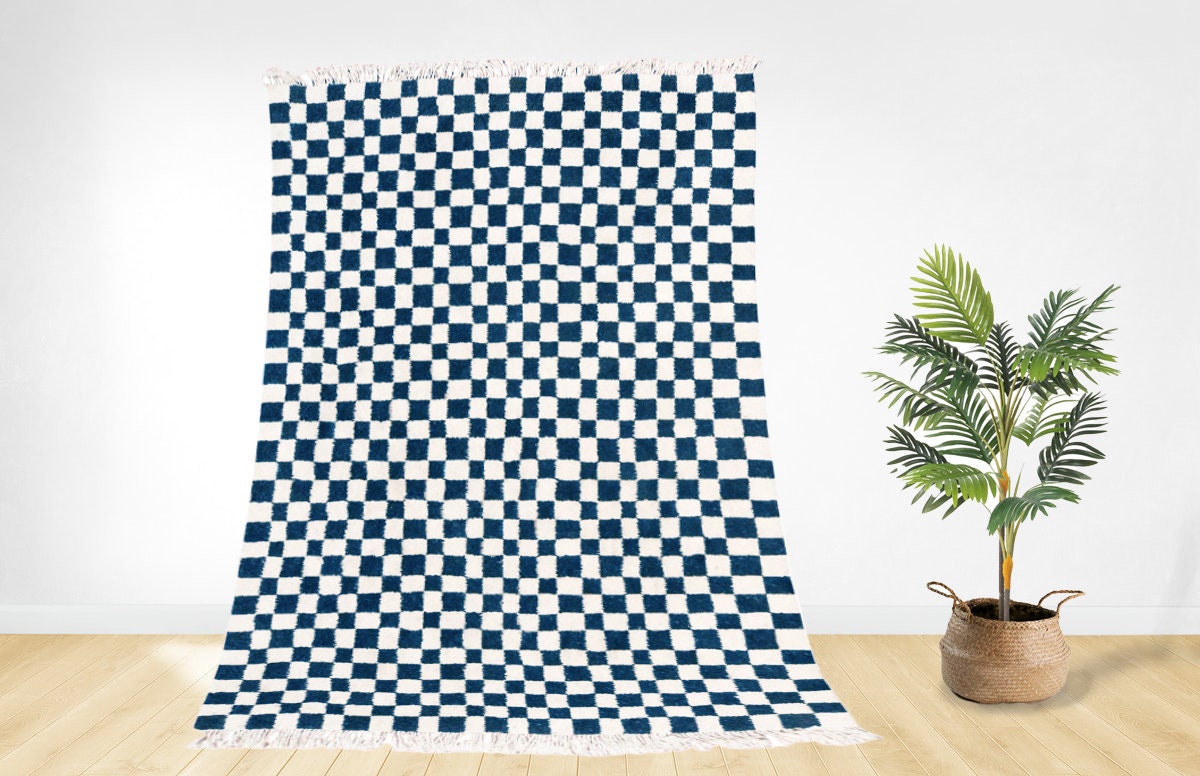 Tapis Marocain Damier -Tapis Bleu & Blanc - Tapis Noué à La Main Boho Berbère en Laine