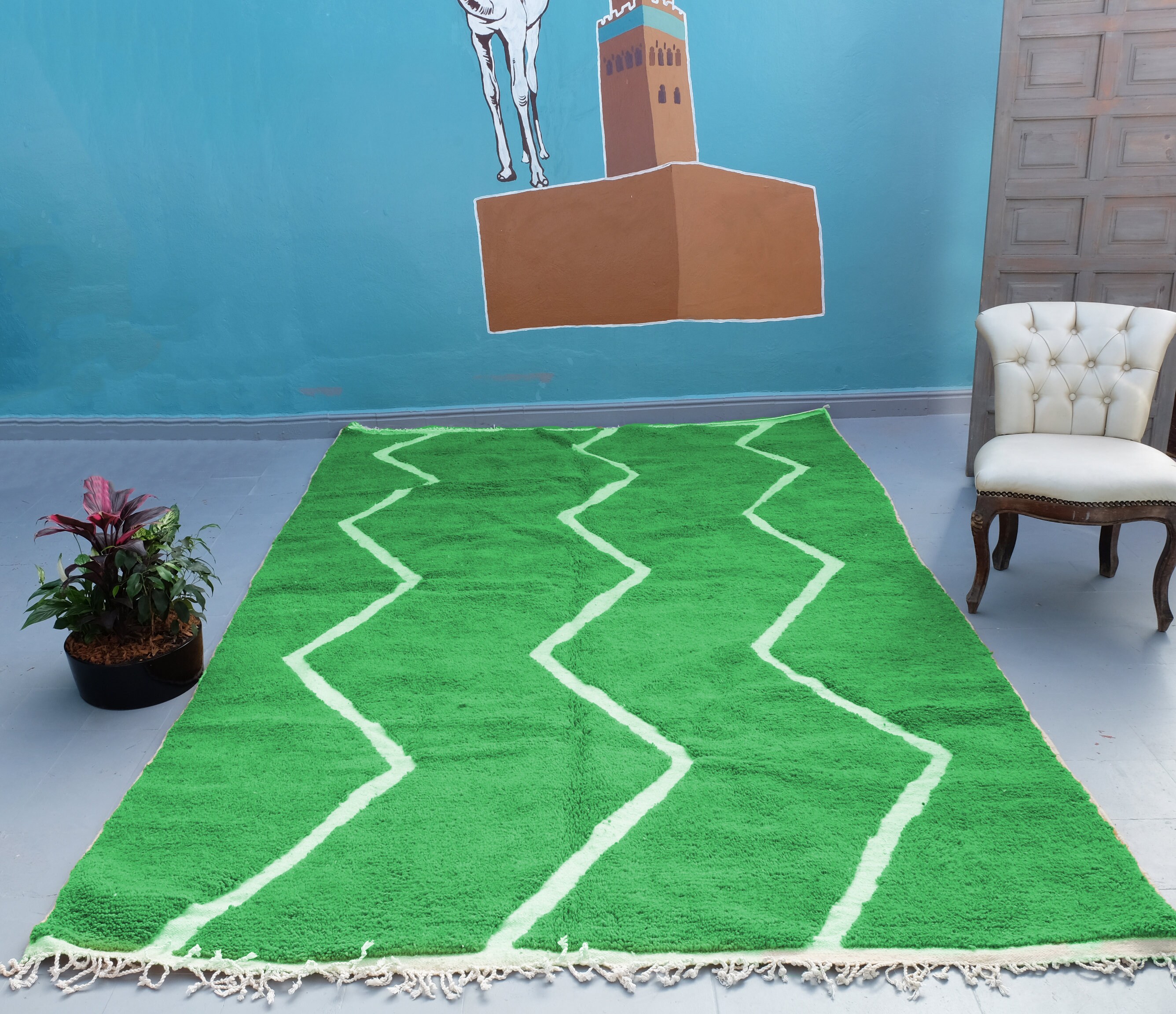 Tapis Marocain Personnalisé - Tapis Vert Beni Ourain Noué à La Main Boho Berbère en Laine