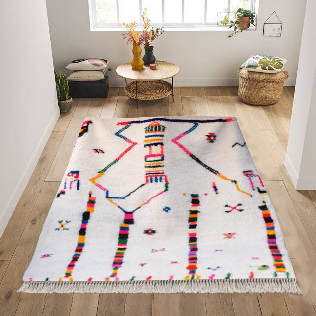 Tapis Beniourain Blanc, Tapis Tissé à La Main, Losanges Noirs, Marocain Berbère, Art Déco Marocain, 