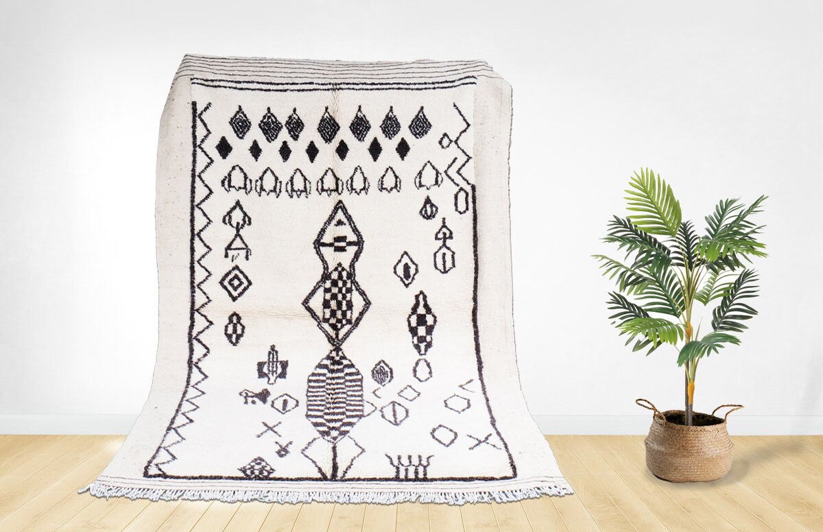 Tapis Marocain Personnalisé - Tapis Blanc Beni Ourain Noué à La Main Boho Berbère en Laine