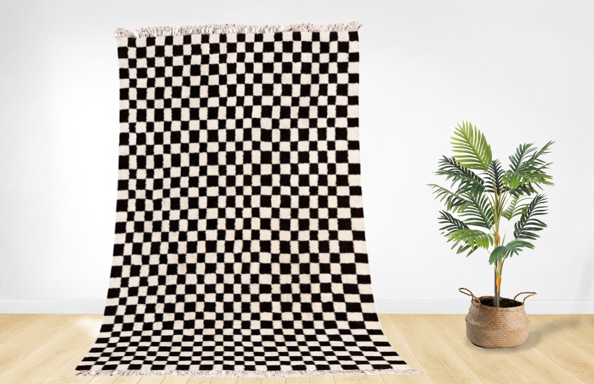 Tapis Marocain à Damier - Tapis Noir et Blanc Noué La Main Boho Berbère en Laine