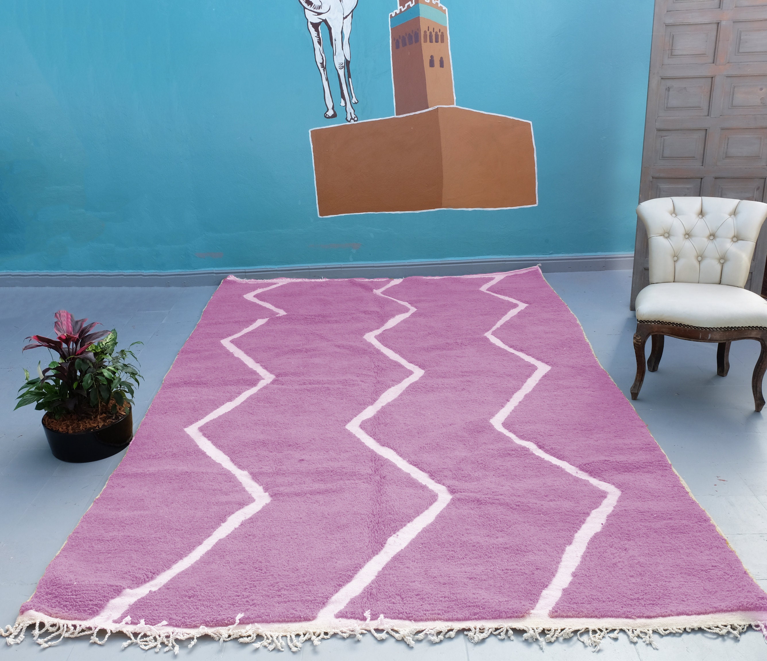 Tapis Marocain Personnalisé - Tapis Rose Beni Ourain Noué à La Main Boho Berbère en Laine