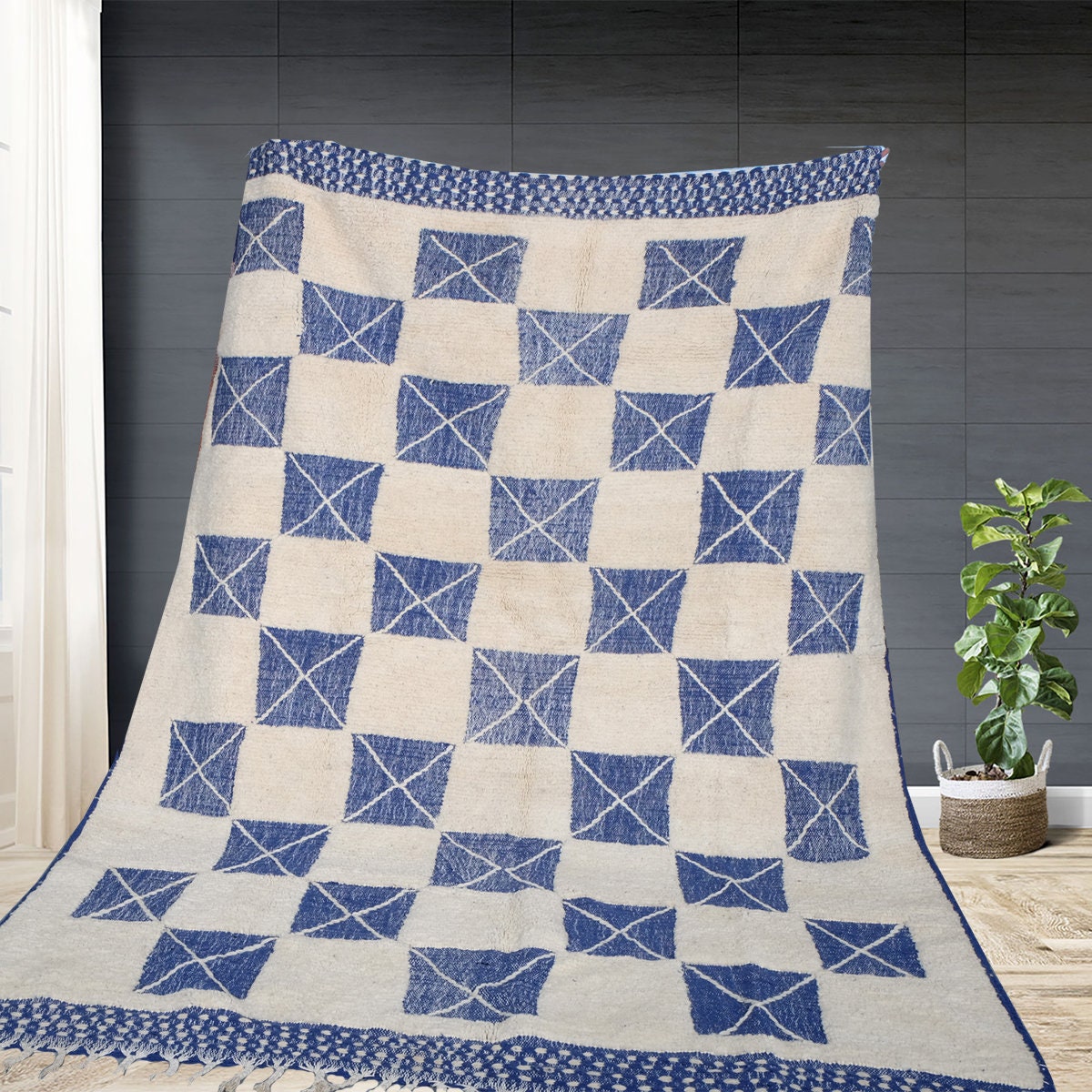 Tapis Marocain Personnalisé - Tapis Bleumoroccan Beni Ourain Noué à La Main Boho Berbère en Laine