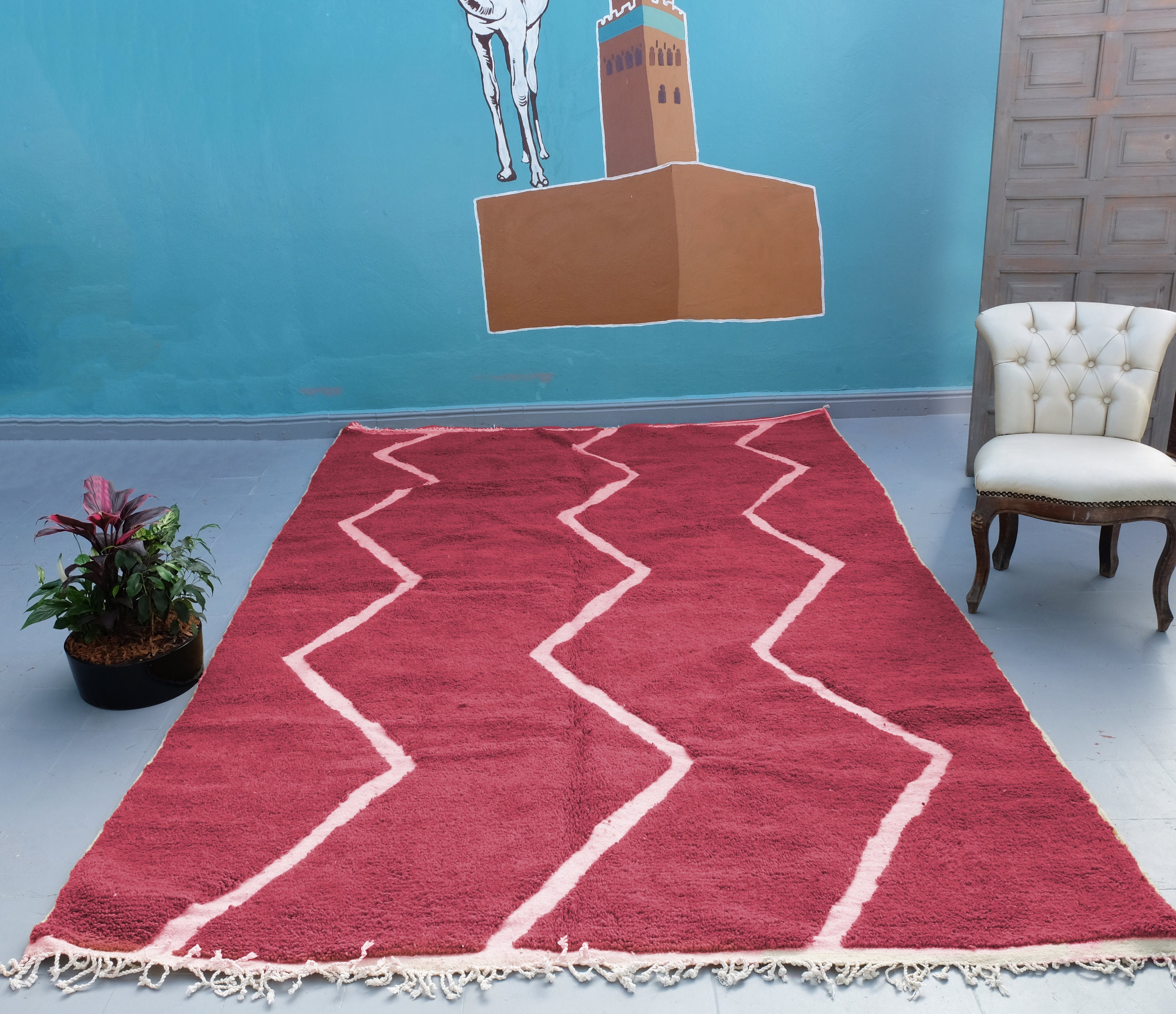 Tapis Marocain Personnalisé - Tapis Rouge Beni Ourain Noué à La Main Boho Berbère en Laine