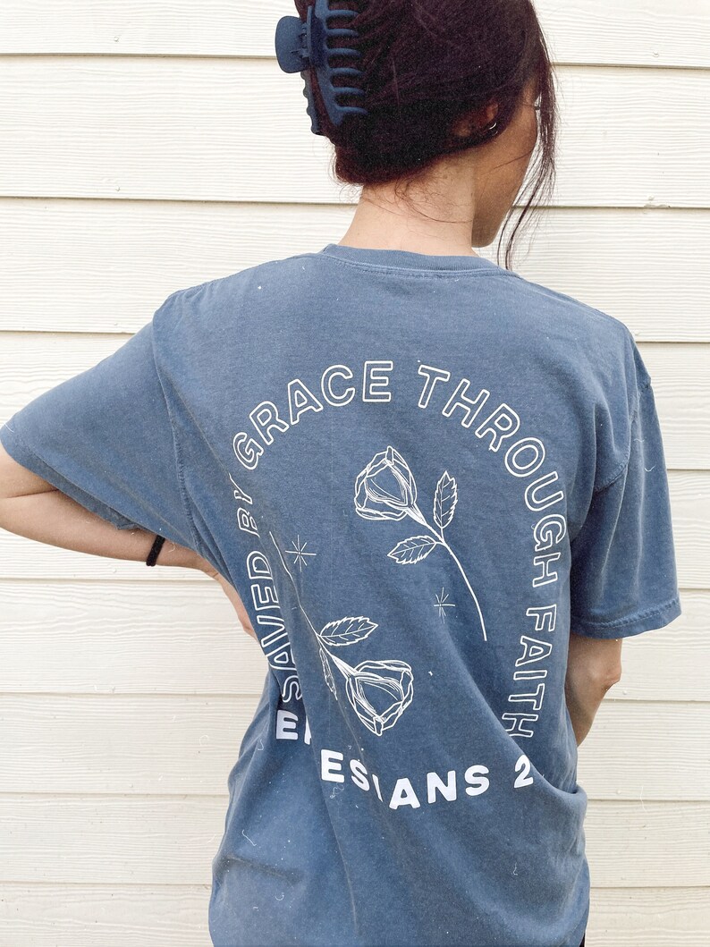 Saved By Grace blue T-shirt | Christian T-Shirt, Gifts for Women, Christian Tee, Scripture Shirts for Women, Boho Shirts, Christian Clothing 