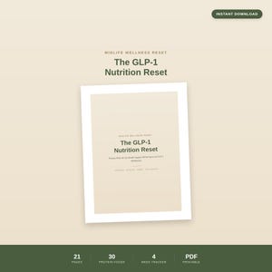 Peut inclure: Un document numérique intitulé Midlife Wellness Reset: The GLP-1 Nutrition Reset. La couverture présente un texte vert foncé sur fond beige clair, incluant 21 pages, 30 aliments protéinés, un suivi de 4 semaines et un format PDF.