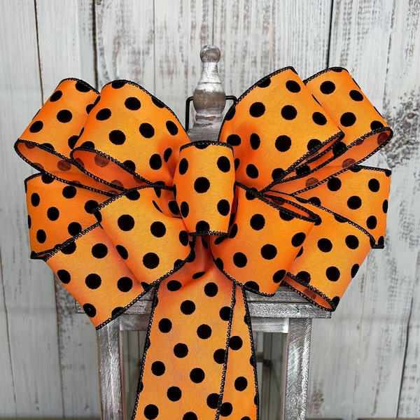 Lots of Polka Dots Halloween Bow, Halloween Wreath Bow, Orange and Black Halloween Decorations, Lime Green Halloween Bow, Large Door Bow