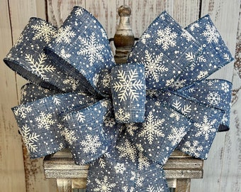 Blue Snowflake Bow, Winter Snowflake Bow for Front Door, Snowflake Wreath Bow, Tree Topper Bow, Holiday Decor, Christmas Decorations