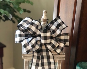 Buffalo Plaid Wreath Bow, Wreath Bow for Front Door, Farmhouse Style Bow, Black and White Checked Bow, Spring Wreath Bow