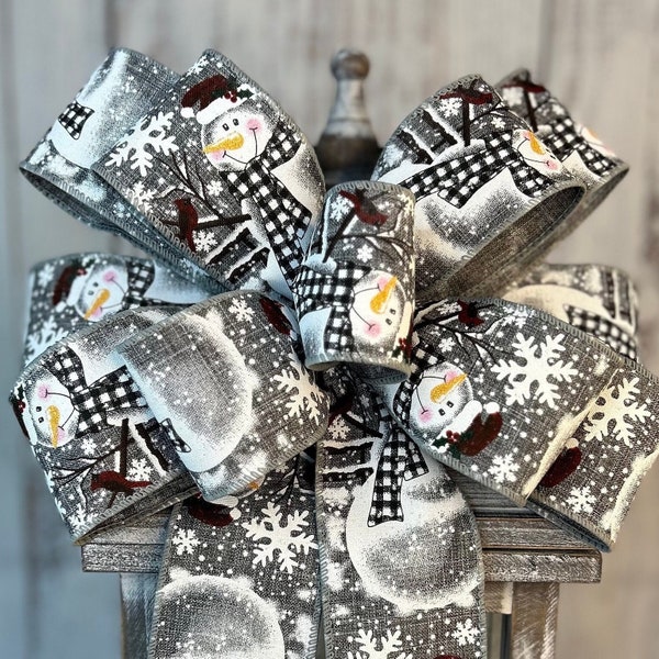 Grey Snowman Bow, Snowman Wreath Bow, Holiday Wreath Bow, Christmas Decor, Holiday Decorations, Large Winter Bow