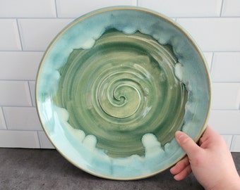 Handmade green pottery serving platter, pie ceramic dish, big serving plate, deep serving bowl, for salad or dessert, kitchen gift unique