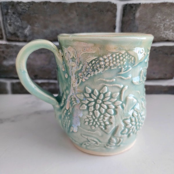 Handmade coffee mug,  ceramic mug with handle, oversized mug for tea, koi fish design, big mug gift, zen home decor, made in Canada, koi mug