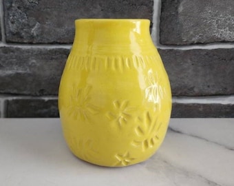 Pottery utensil holder, handmade ceramic crock, for kitchen tools, tall narrow vase, yellow pot for flowers, hand carved, Canada