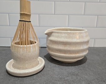Handmade matcha tea bowl with whisk holder, ceramic chawan tea set, pottery tea bowl, matcha tea whisk, bowl with spout, Canada ceramics