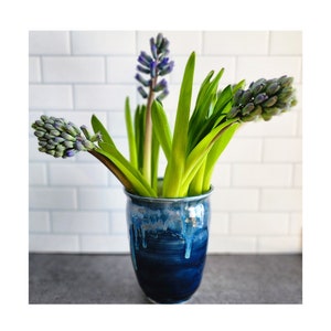 Blue ceramic vase, pottery utensil holder, handmade ceramic crock, for kitchen tools, tall narrow vase, blue pot for flowers, Canada