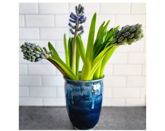 Blue ceramic vase, pottery utensil holder, handmade ceramic crock, for kitchen tools, tall narrow vase, blue pot for flowers, Canada