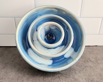 Handmade blue pet food bowl, ceramic slow feeder, pet owner gift, kittens or rabbits, kibble puzzle bowl for pets, birthday gift for puppy
