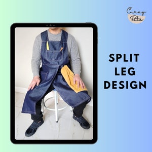 Split leg apron for pottery, denim with pockets, cross back design, heavy duty, hand building, for clay and paint, gift for chef, Canada