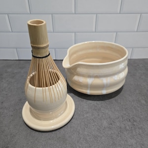 Handmade ceramic tea bowl with spout, beige pottery matcha chawan set, easy to hold mixing bowl, cream drippy glaze, matcha whisk holder