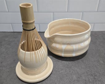 Handmade ceramic tea bowl with spout, beige pottery matcha chawan set, easy to hold mixing bowl, cream drippy glaze, matcha whisk holder