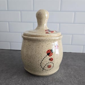 May include: A white ceramic jar with a lid and a knob. The jar is decorated with a pattern of red and black ladybirds.