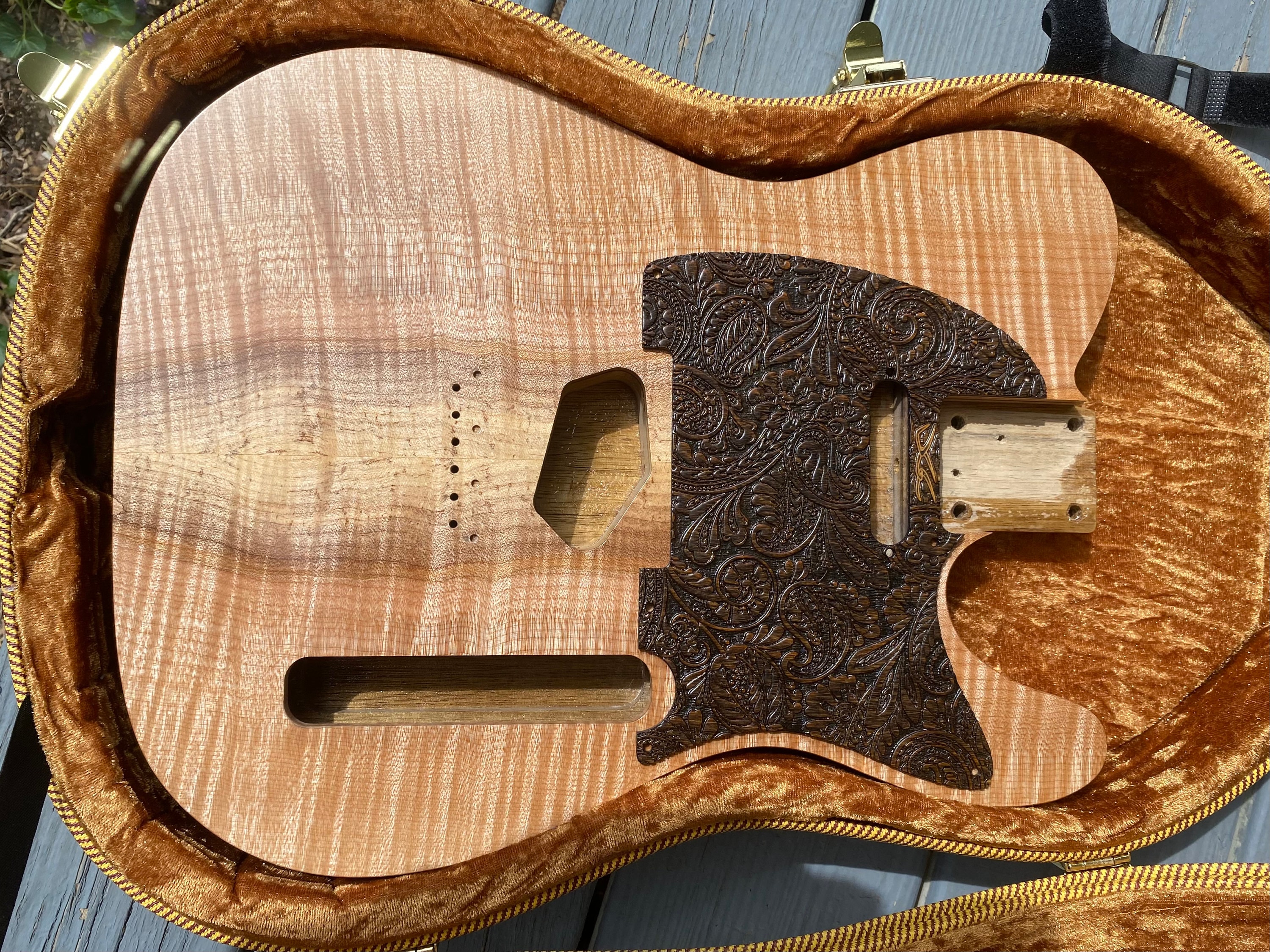 Pickguard laser engraved wood for tooled leather look