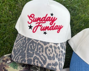 Embroidered Trucker Hat, Sunday Funday Leopard Brim