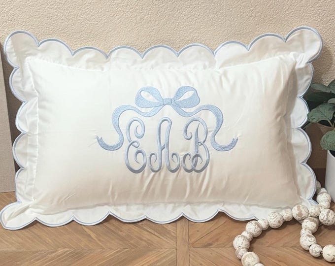 Embroidered Monogram Baby Pillow: Scalloped Edge Cotton Nursery Decor