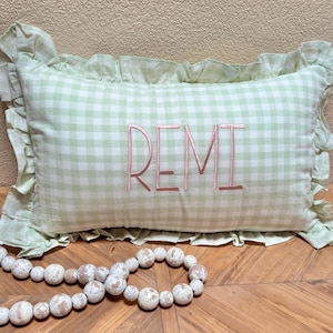 Custom Embroidered Nursery Baby Pillow - Gingham Pillow with Ruffles, Personalized Baby Shower Gift, Newborn Bedding Decor, Toddler Pillows
