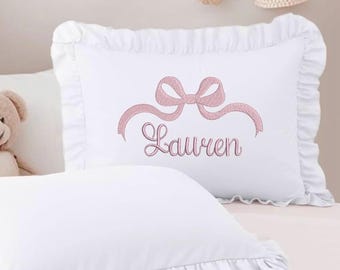 Embroidered Monogram Baby Pillow: Nursery Decor, White ruffle with bow name pillow