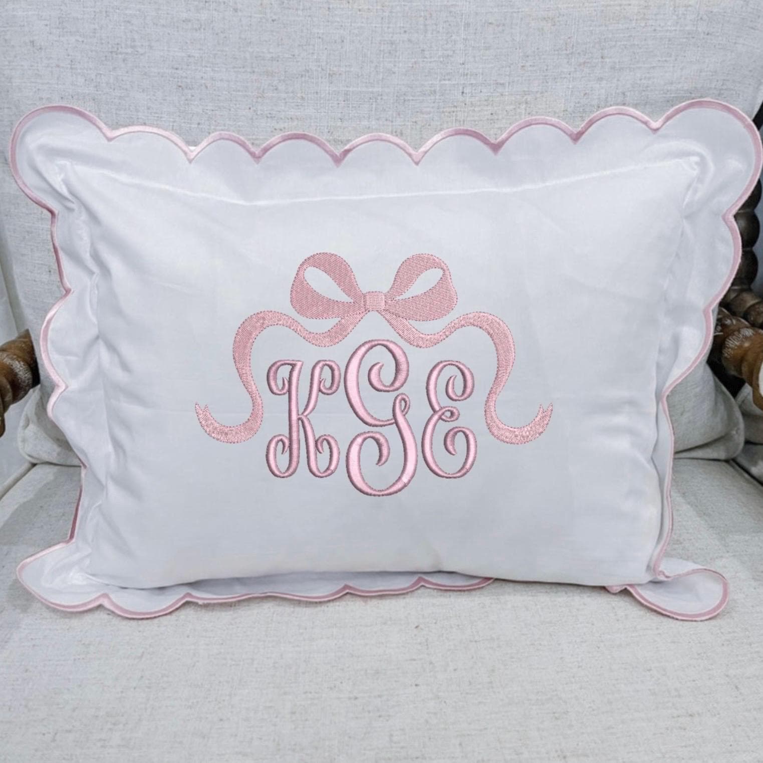 Embroidered Monogram Pillow Scalloped Edge, Nursery Decor, Pillow with Bow, Ruffles