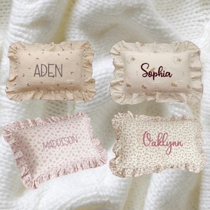 Custom Embroidered Muslin Baby Pillow with Ruffles: Personalized Nursery Decor, name pillow, Floral ruffle