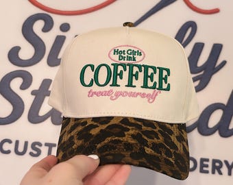 Embroidered raised "Hot girls drink coffee" dark cheetah leopard Trucker Hat