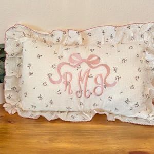 Custom Embroidered Muslin Nursery Pillow with Ruffles, Floral Pillow, monogram name