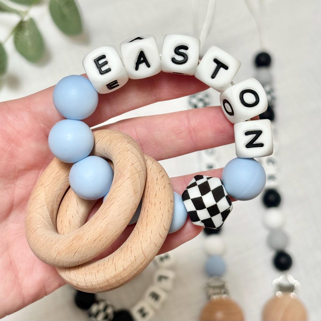 Personalized Baby Rattle Ring: Beech Wood & Silicone Pacifier Clip - Etsy
