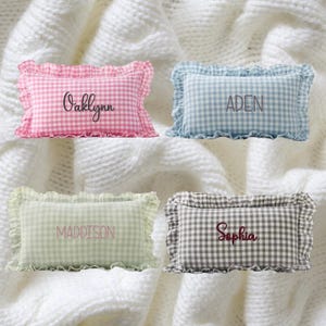 Custom Embroidered Nursery Baby Pillow - Gingham Pillow with Ruffles, Personalized Baby Shower Gift, Newborn Bedding Decor, Toddler Pillows