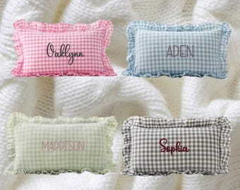 Custom Embroidered Gingham Baby Pillow with Ruffles