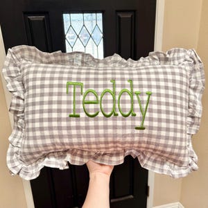 Custom Embroidered Nursery Baby Pillow - Gingham Pillow with Ruffles, Personalized Baby Shower Gift, Newborn Bedding Decor, Toddler Pillows