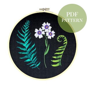Embroidery ferns and phlox pattern / PDF download / Beginner embroidery pattern / Floral, botanical