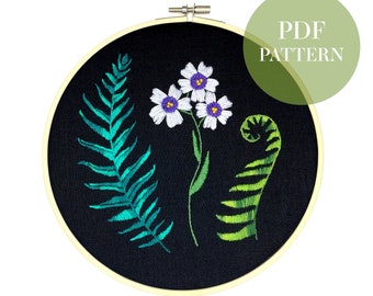 Embroidery ferns and phlox pattern / PDF download / Beginner embroidery pattern / Floral, botanical