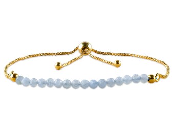 Pulsera Bolo de Aguamarina: Cadena deslizante bañada en oro, joyería ajustable con cuentas de cristal.