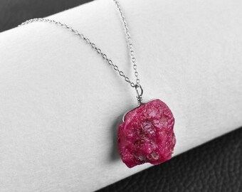 Raw Ruby Pendant Necklace: AA Sterling Silver Birthstone Jewelry