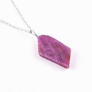 AA Raw Ruby Rough Slice Crystals Dainty Pendant Necklace for Women, Birthstone Healing Chakra, Birthday Gift, Sterling Silver Chain 18&quot;