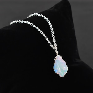Birthday Gifts Raw Organic Ethiopian Fire Opal Gemstone Dainty Pendant Necklace Jewelry, Healing Chakra Crystals Silver Plated Chain 18&quot;