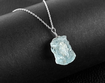 Raw Aquamarine Dainty Pendant Necklace, Sterling Silver March Birthstone, Birthday Gifts for Her