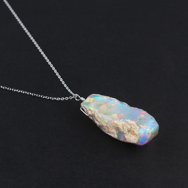 Raw Ethiopian Fire Opal Rough Crystal Dainty Pendant Necklace for Women, Birthstone Healing Crystals Wedding Gifts for Her, Silver Jewelry