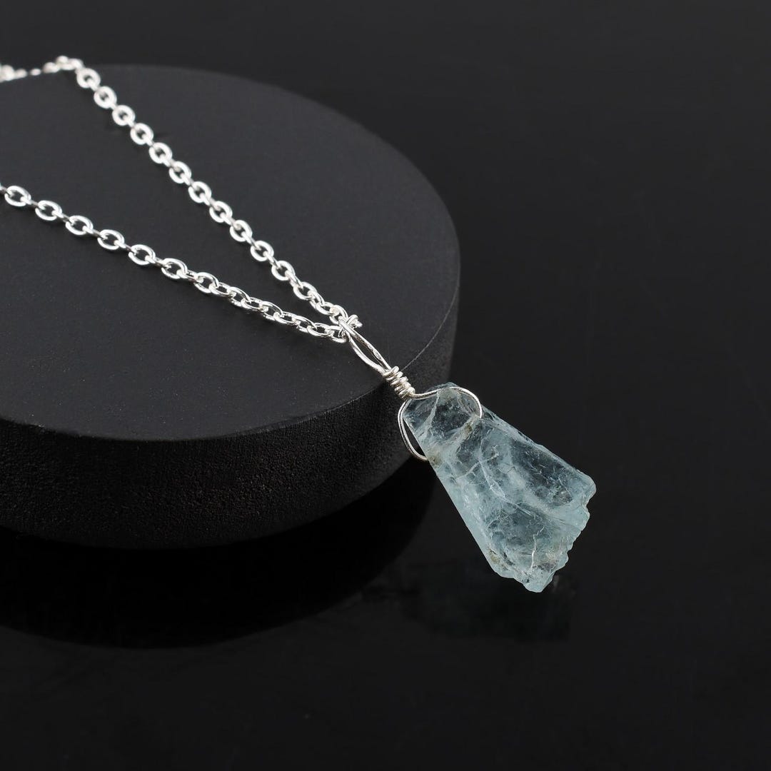 Raw Blue Aquamarine Rough Gemstone Dainty Pendant Necklace