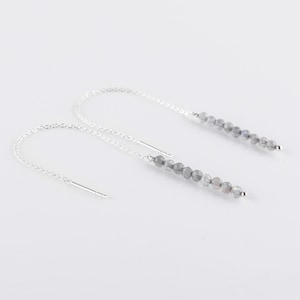 Natural Labradorite Crystal Stone Beads Dangle Threader Earrings for Women, Handmade Jewelry for Birthday Gifts, Silver Plated Brass Earring