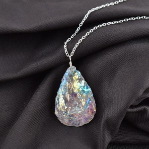 Angel Aura Quartz Rough Elongated Pear Gemstone Dainty Pendant Necklace Jewelry, Healing Crystals Silver Plated Chain 18" Birthday Gifts